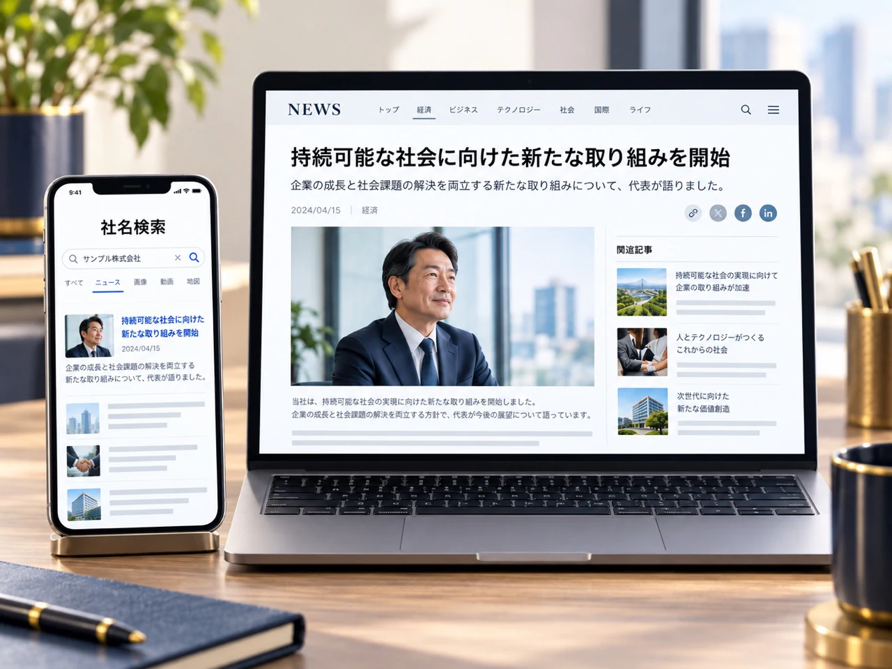 社名検索の結果にネットニュースの取材記事が表示されるイメージ